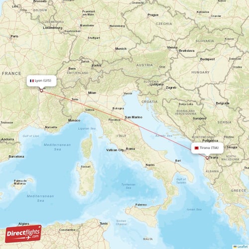 Lyon - Tirana direct flight map