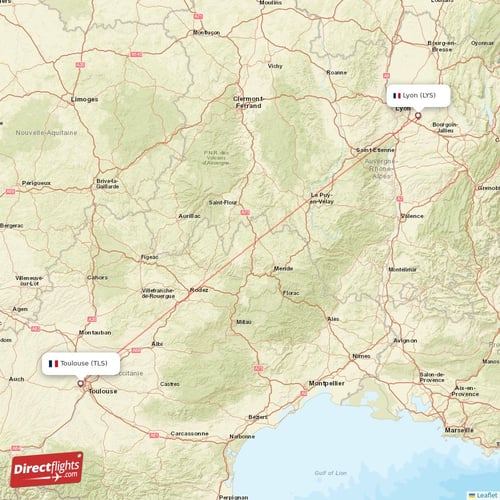 Lyon - Toulouse direct flight map