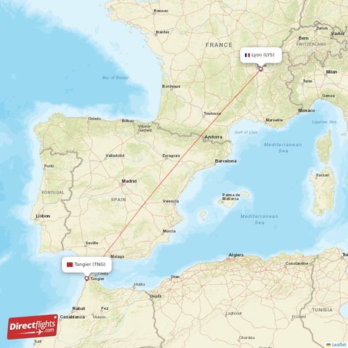 Lyon - Tangier direct flight map