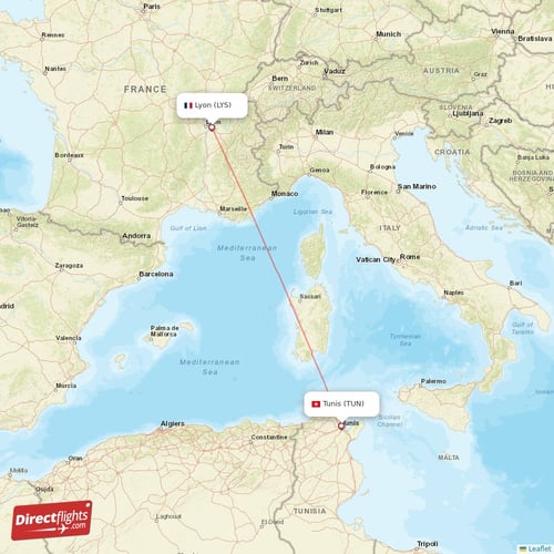 Lyon - Tunis direct flight map