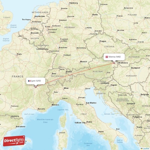 Lyon - Vienna direct flight map