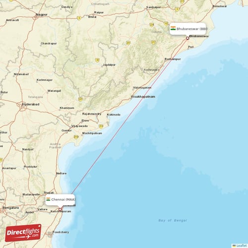 Chennai - Bhubaneswar direct flight map