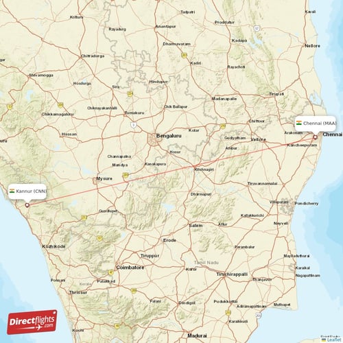 Chennai - Kannur direct flight map