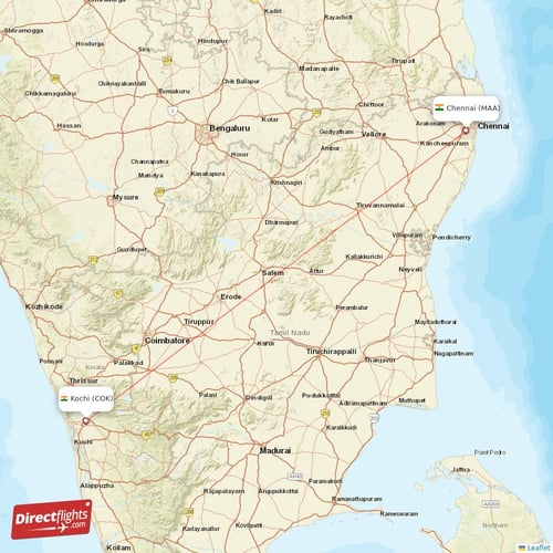 Chennai - Kochi direct flight map
