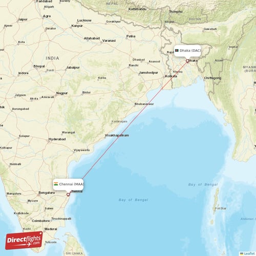 Chennai - Dhaka direct flight map