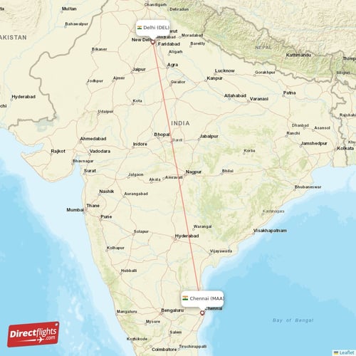 Chennai - Delhi direct flight map