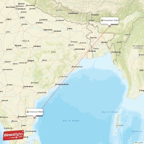 Chennai - Guwahati direct flight map