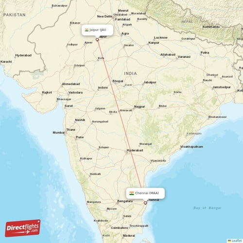 Chennai - Jaipur direct flight map