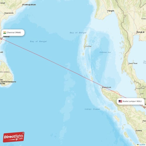 Chennai - Kuala Lumpur direct flight map