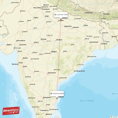 Chennai - Lucknow direct flight map