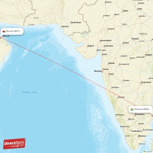 Chennai - Muscat direct flight map