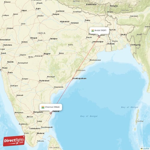 Chennai - Andal direct flight map
