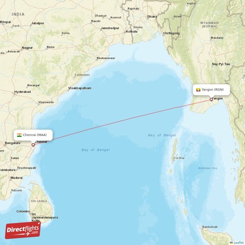 Chennai - Yangon direct flight map