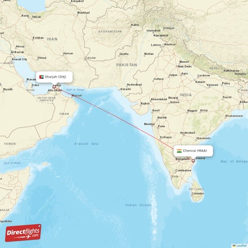 Chennai - Sharjah direct flight map