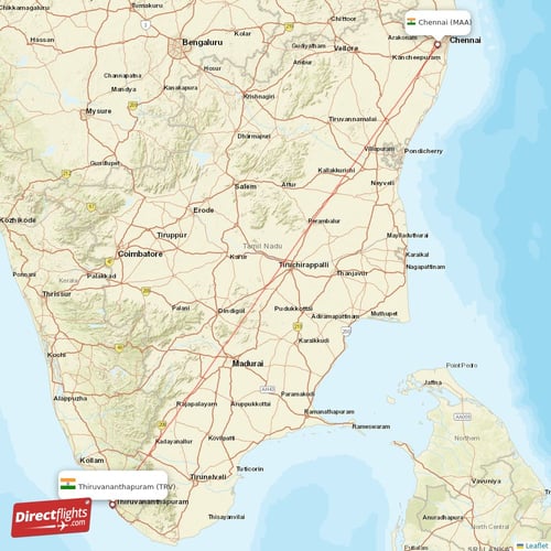 Chennai - Thiruvananthapuram direct flight map