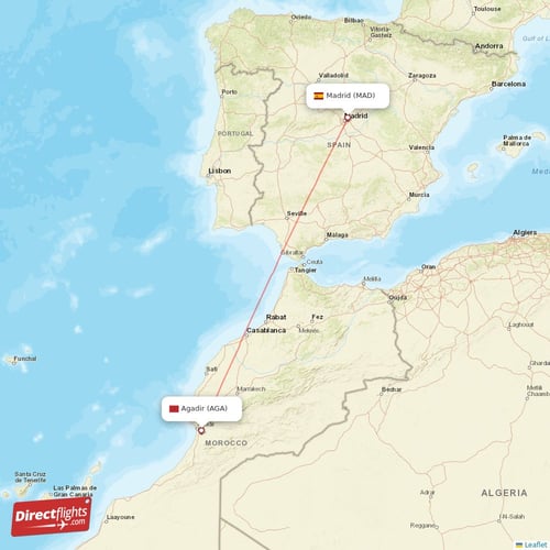 Madrid - Agadir direct flight map