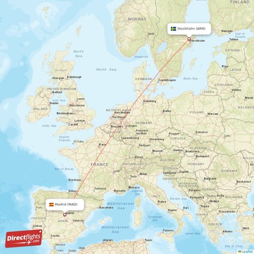 Madrid - Stockholm direct flight map