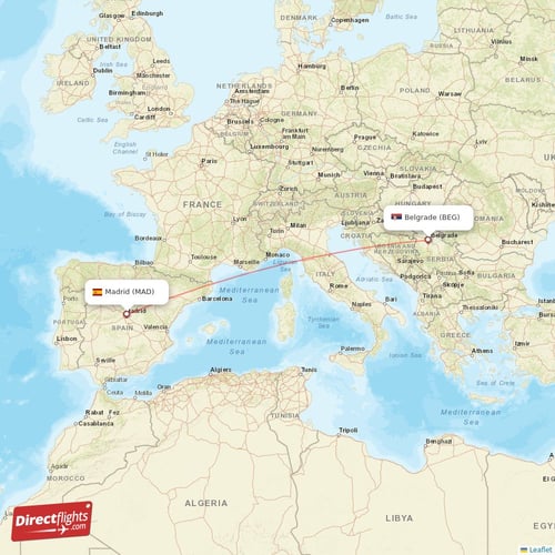 Madrid - Belgrade direct flight map