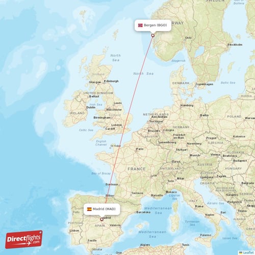 Madrid - Bergen direct flight map