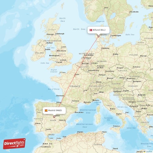 Madrid - Billund direct flight map