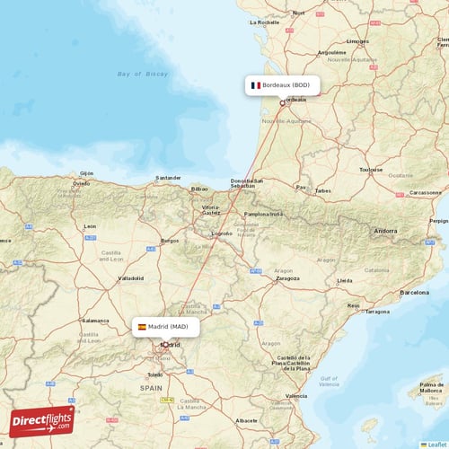 Madrid - Bordeaux direct flight map