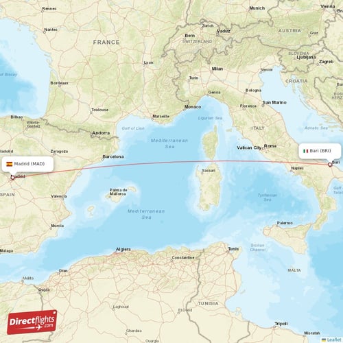 Madrid - Bari direct flight map