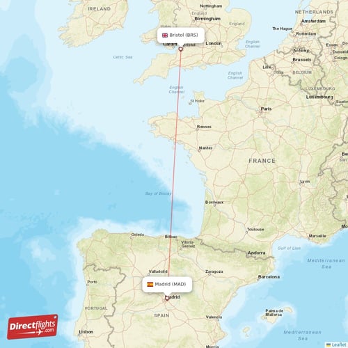 Madrid - Bristol direct flight map