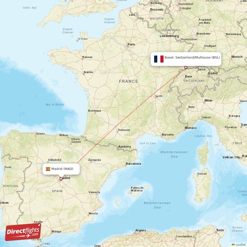 Madrid - Basel, Switzerland/Mulhouse direct flight map