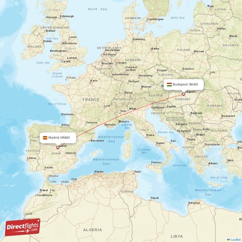 Madrid - Budapest direct flight map