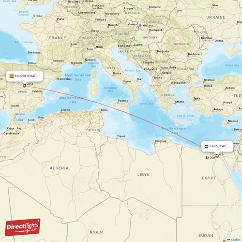 Madrid - Cairo direct flight map