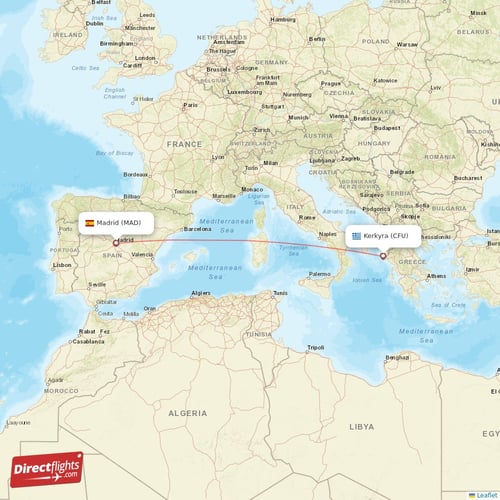 Madrid - Kerkyra direct flight map