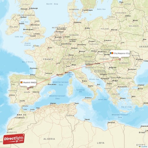 Madrid - Cluj-Napoca direct flight map