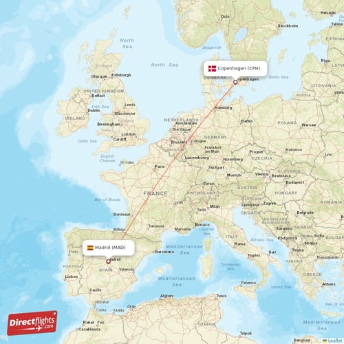 Madrid - Copenhagen direct flight map