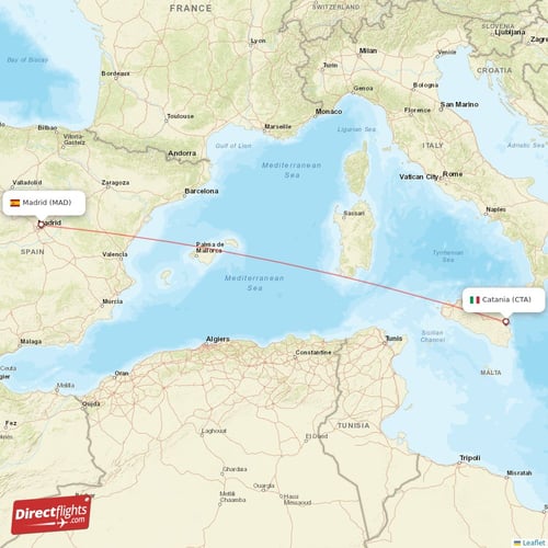 Madrid - Catania direct flight map