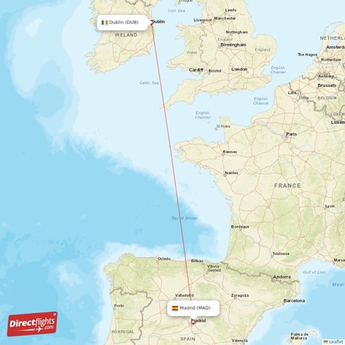 Madrid - Dublin direct flight map