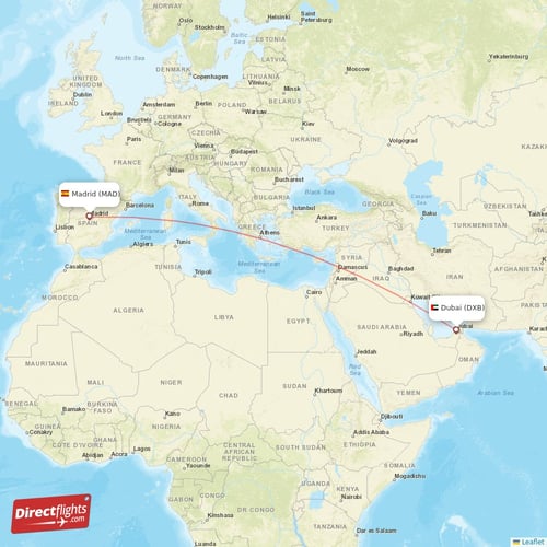Madrid - Dubai direct flight map