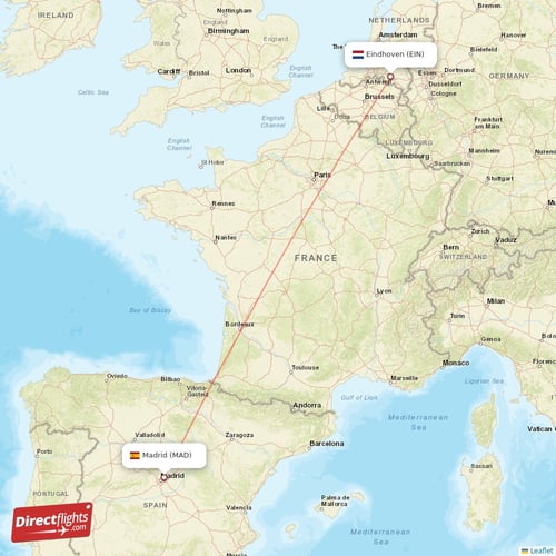 Madrid - Eindhoven direct flight map