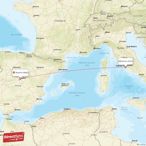 Madrid - Rome direct flight map