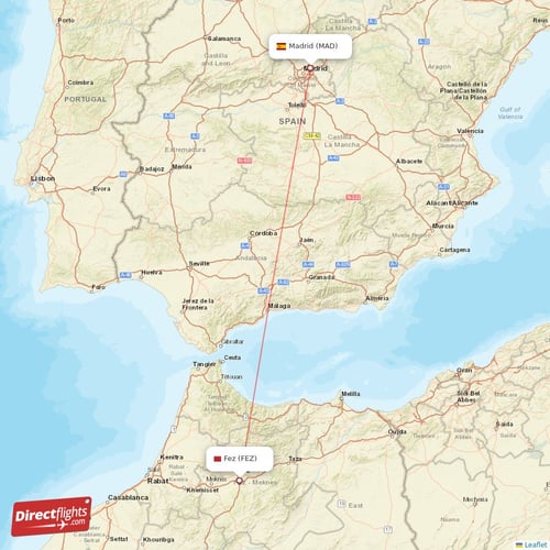 Madrid - Fes direct flight map