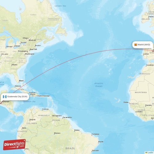 Madrid - Guatemala City direct flight map