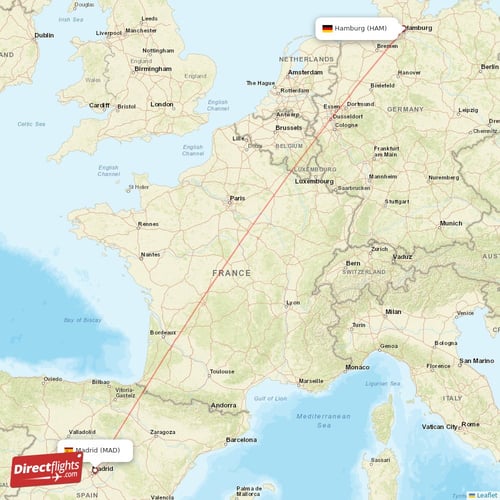Madrid - Hamburg direct flight map