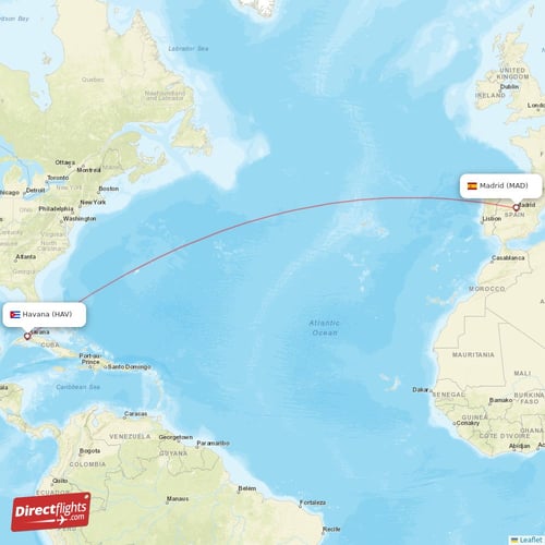 Madrid - Havana direct flight map
