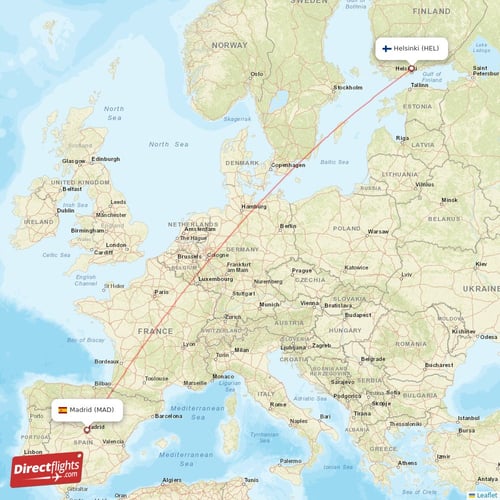 Madrid - Helsinki direct flight map