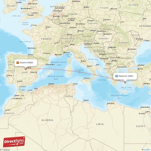 Madrid - Mykonos direct flight map