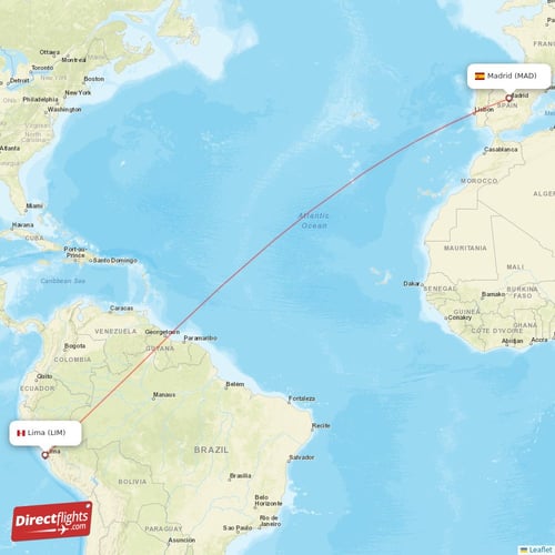 Madrid - Lima direct flight map