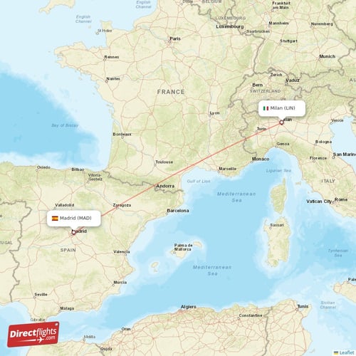 Madrid - Milan direct flight map