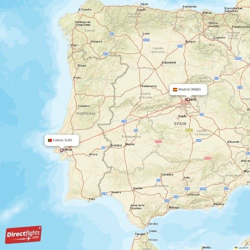 Madrid - Lisbon direct flight map
