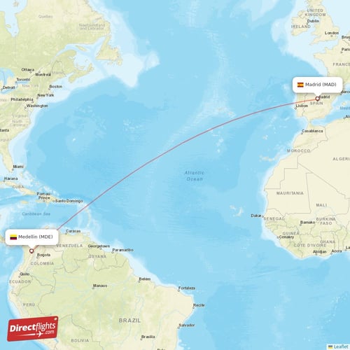 Madrid - Medellin direct flight map