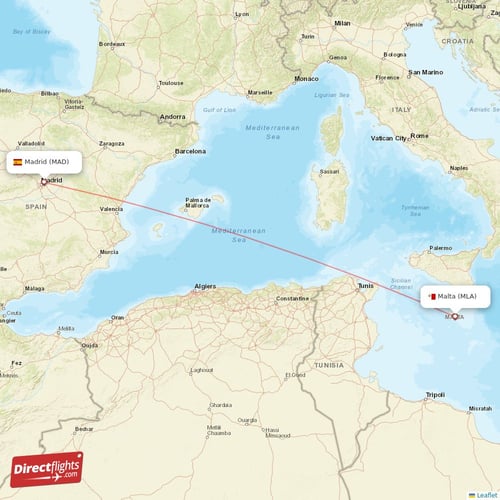 Madrid - Malta direct flight map