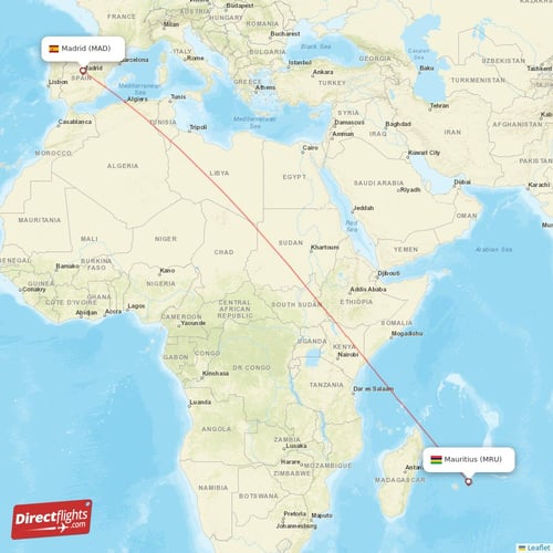 Madrid - Mauritius direct flight map